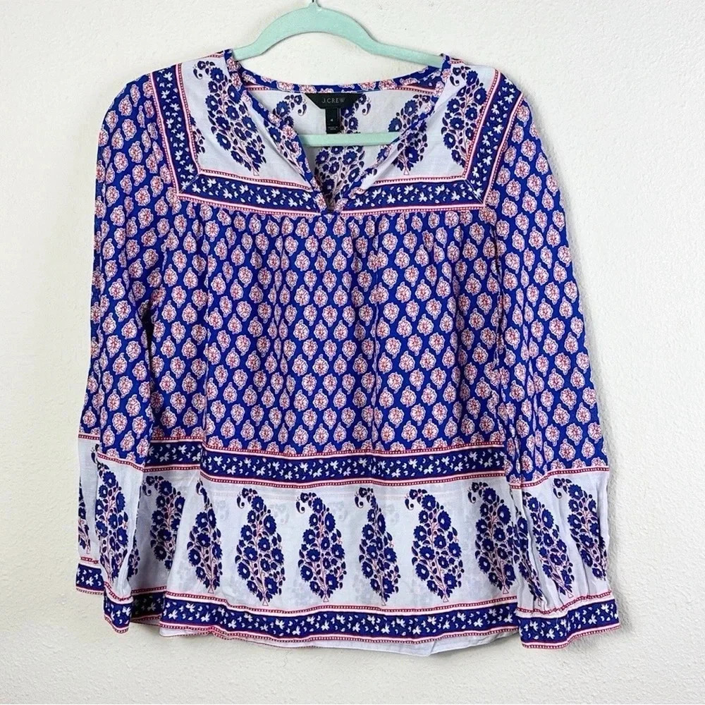 J. Crew French Country Peasant Red White Blue Paisley V-neck Top Blouse size 4 - Picture 3 of 10